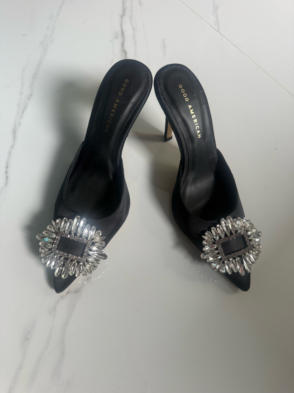 Good American Black Satin Pointed Toe Mules with Crystal Buckles